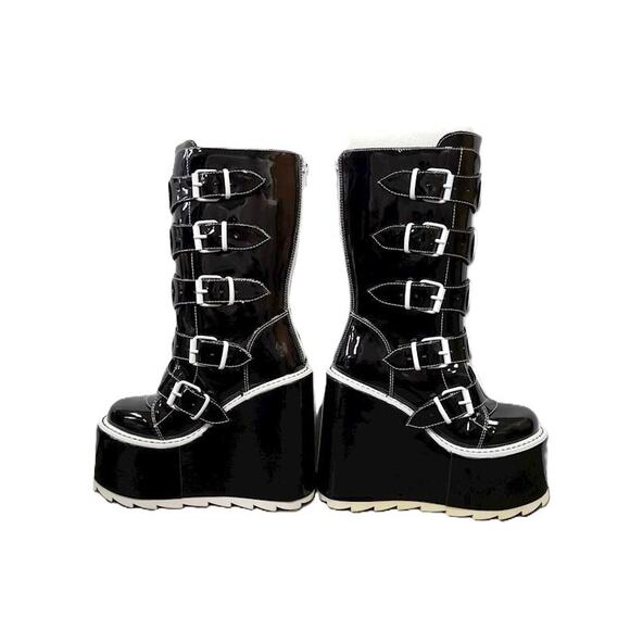 YRU Dune Yin Yang Vegan Patent Leather Wedge Platform Boots 6 - Picture 9 of 10